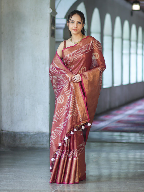 Bhagalpur Handloom Linen Tissue Batik Pattern Saree-Mauve (Gold Tone)