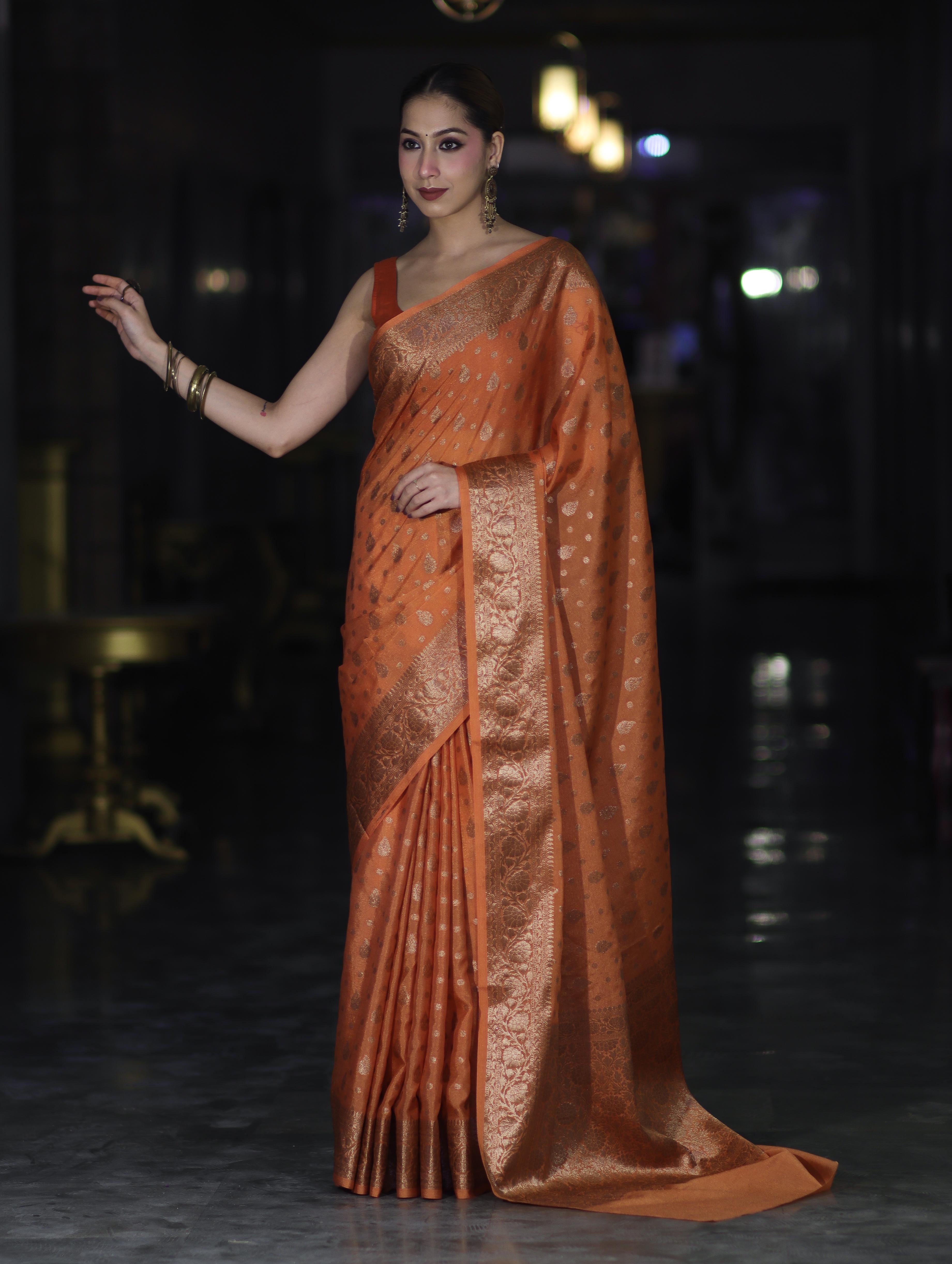 Banarasee Handloom Semi Silk Saree With Antique Zari Buti Design & Floral Border-Rust