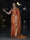 Banarasee Handloom Semi Silk Saree With Antique Zari Buti Design & Floral Border-Rust