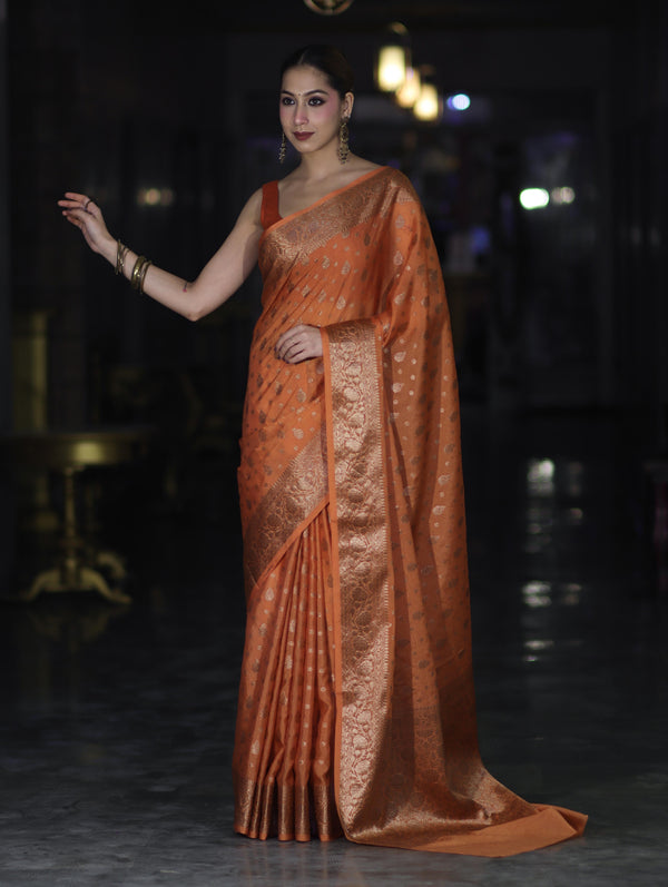 Banarasee Handloom Semi Silk Saree With Antique Zari Buti Design & Floral Border-Rust
