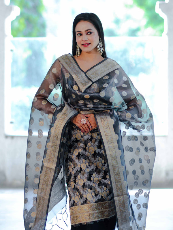 Banarasee Tissue Zari Work Salwar Kameez Fabric With Dupatta Set-Black