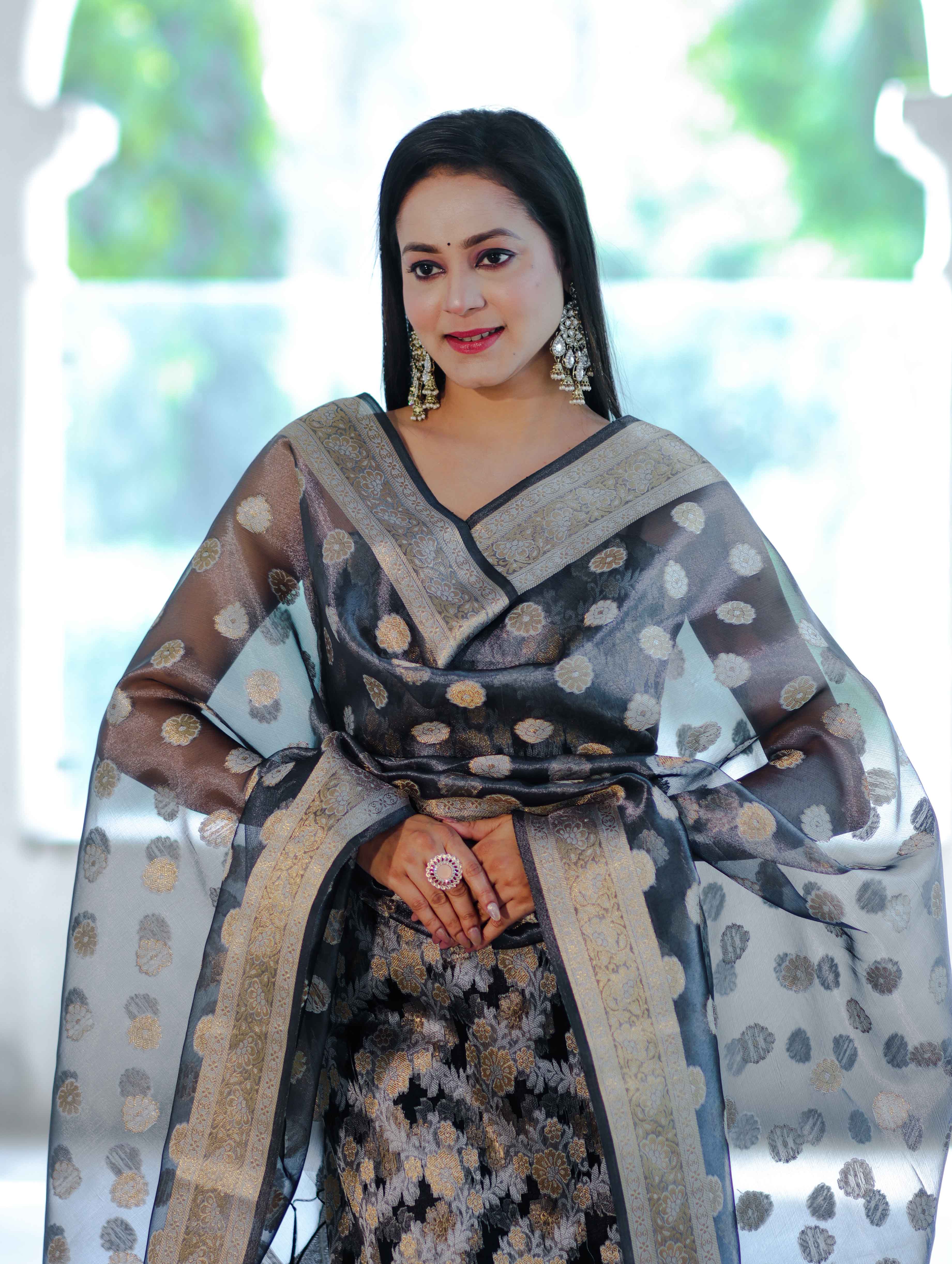 Banarasee Tissue Zari Work Salwar Kameez Fabric With Dupatta Set-Black