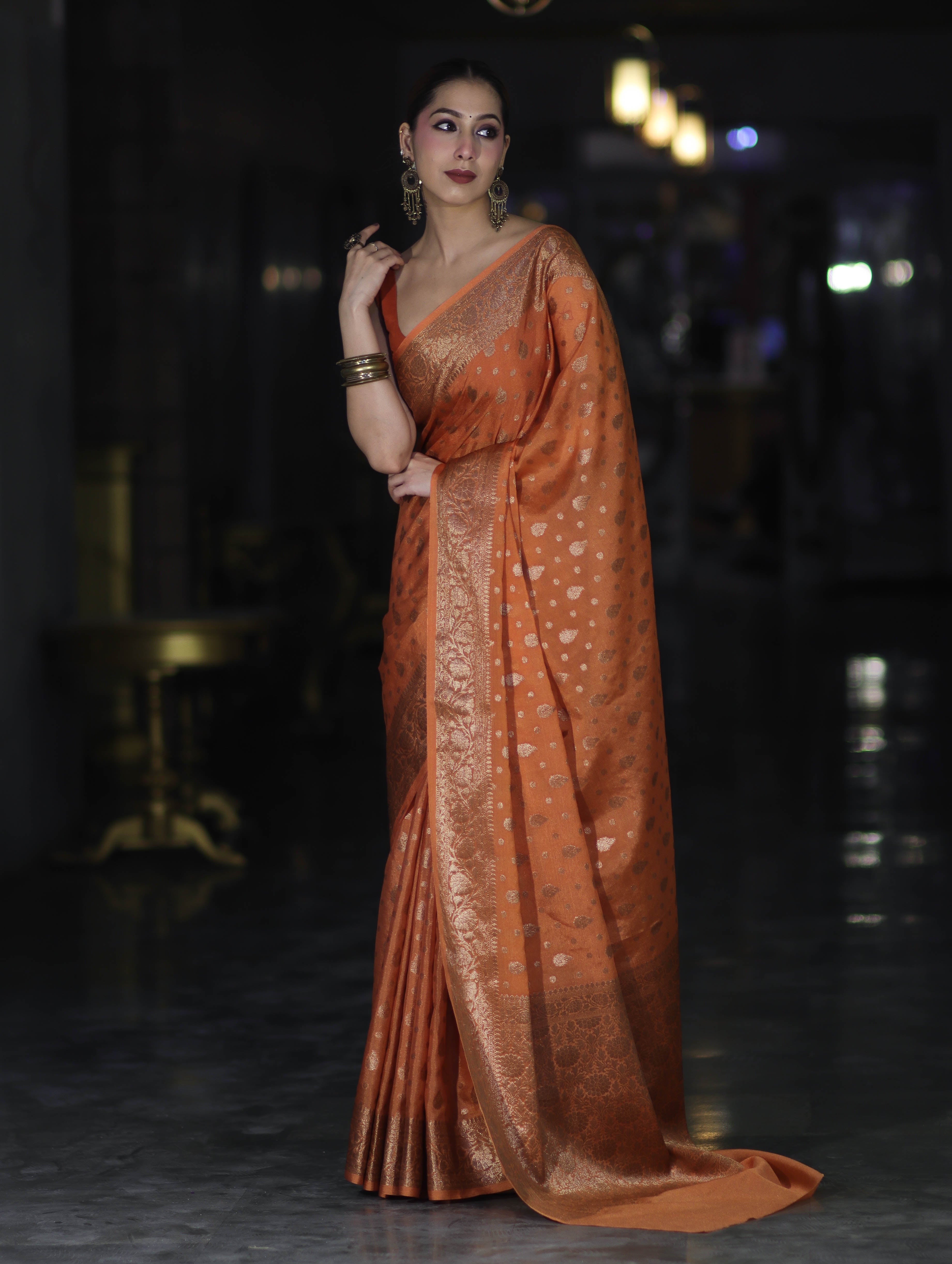 Banarasee Handloom Semi Silk Saree With Antique Zari Buti Design & Floral Border-Rust