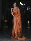 Banarasee Handloom Semi Silk Saree With Antique Zari Buti Design & Floral Border-Rust