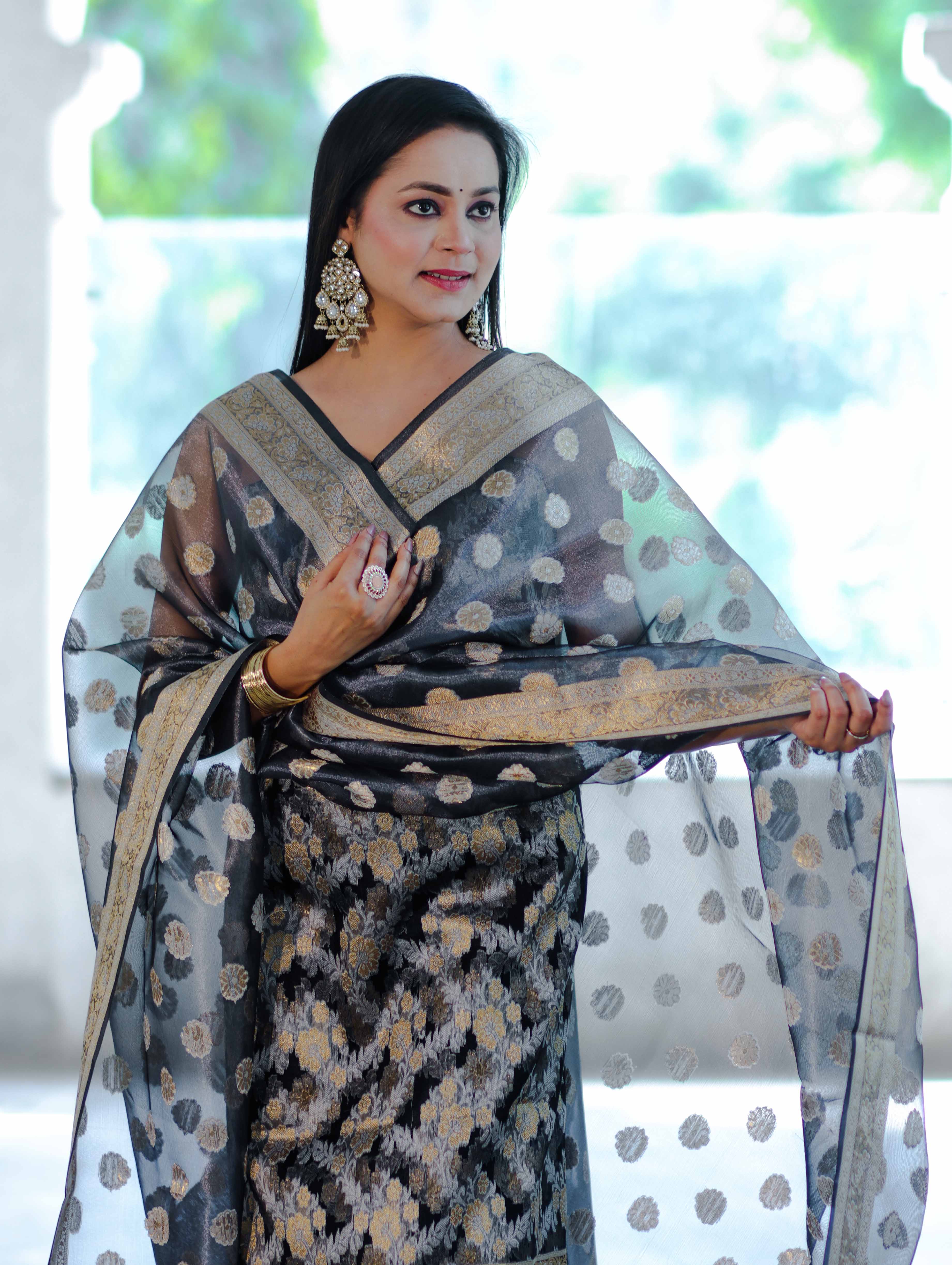 Banarasee Tissue Zari Work Salwar Kameez Fabric With Dupatta Set-Black
