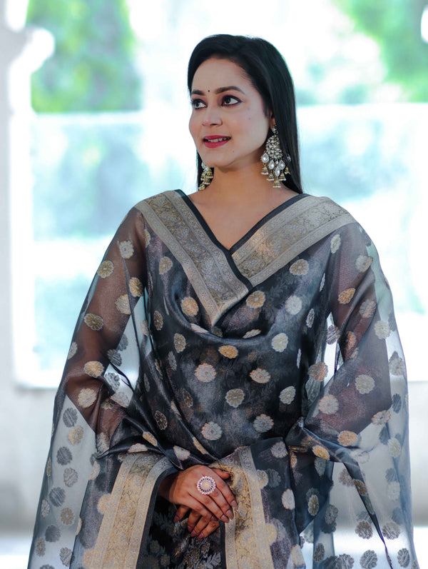 Banarasee Tissue Zari Work Salwar Kameez Fabric With Dupatta Set-Black