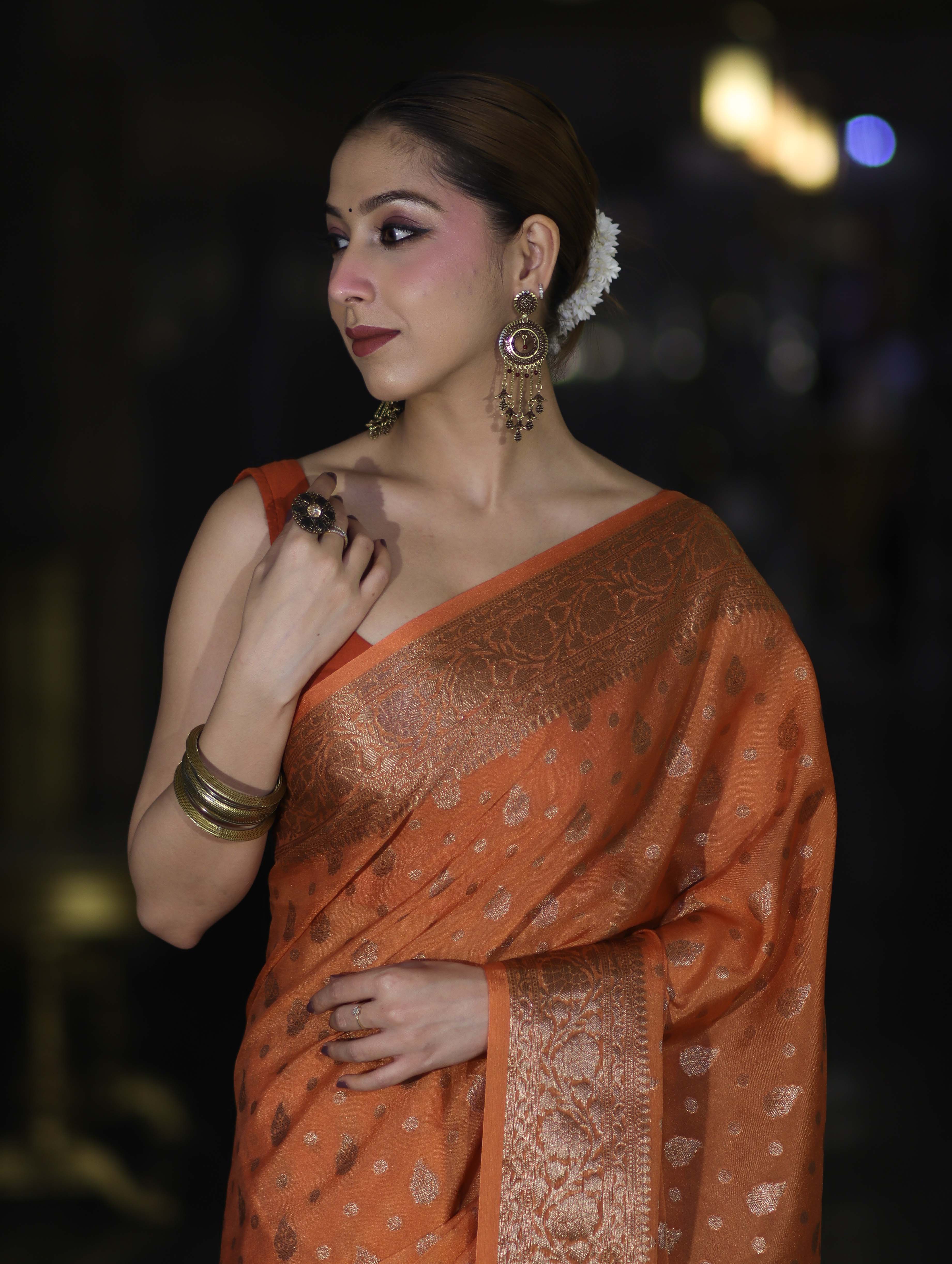 Banarasee Handloom Semi Silk Saree With Antique Zari Buti Design & Floral Border-Rust