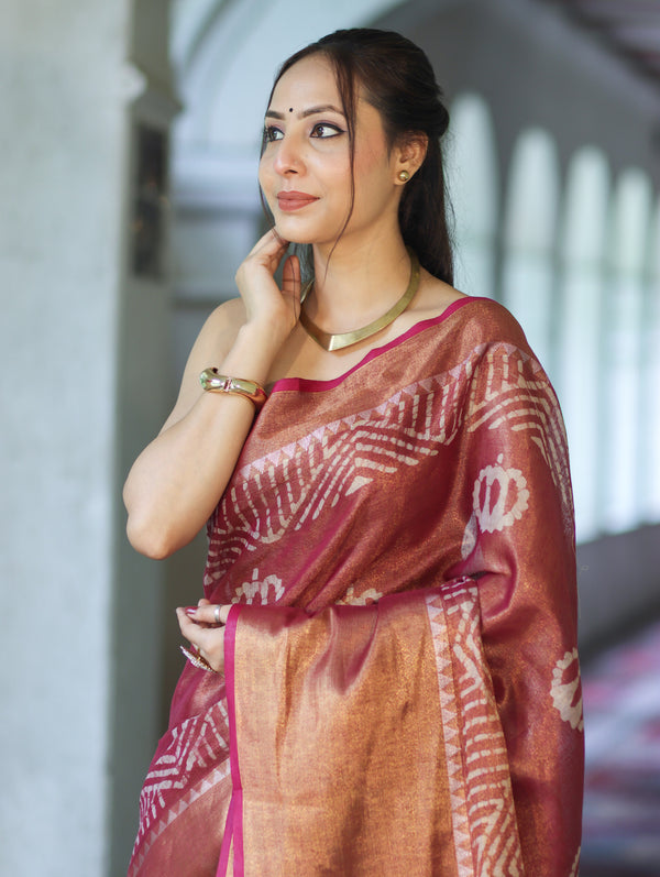 Bhagalpur Handloom Linen Tissue Batik Pattern Saree-Mauve (Gold Tone)
