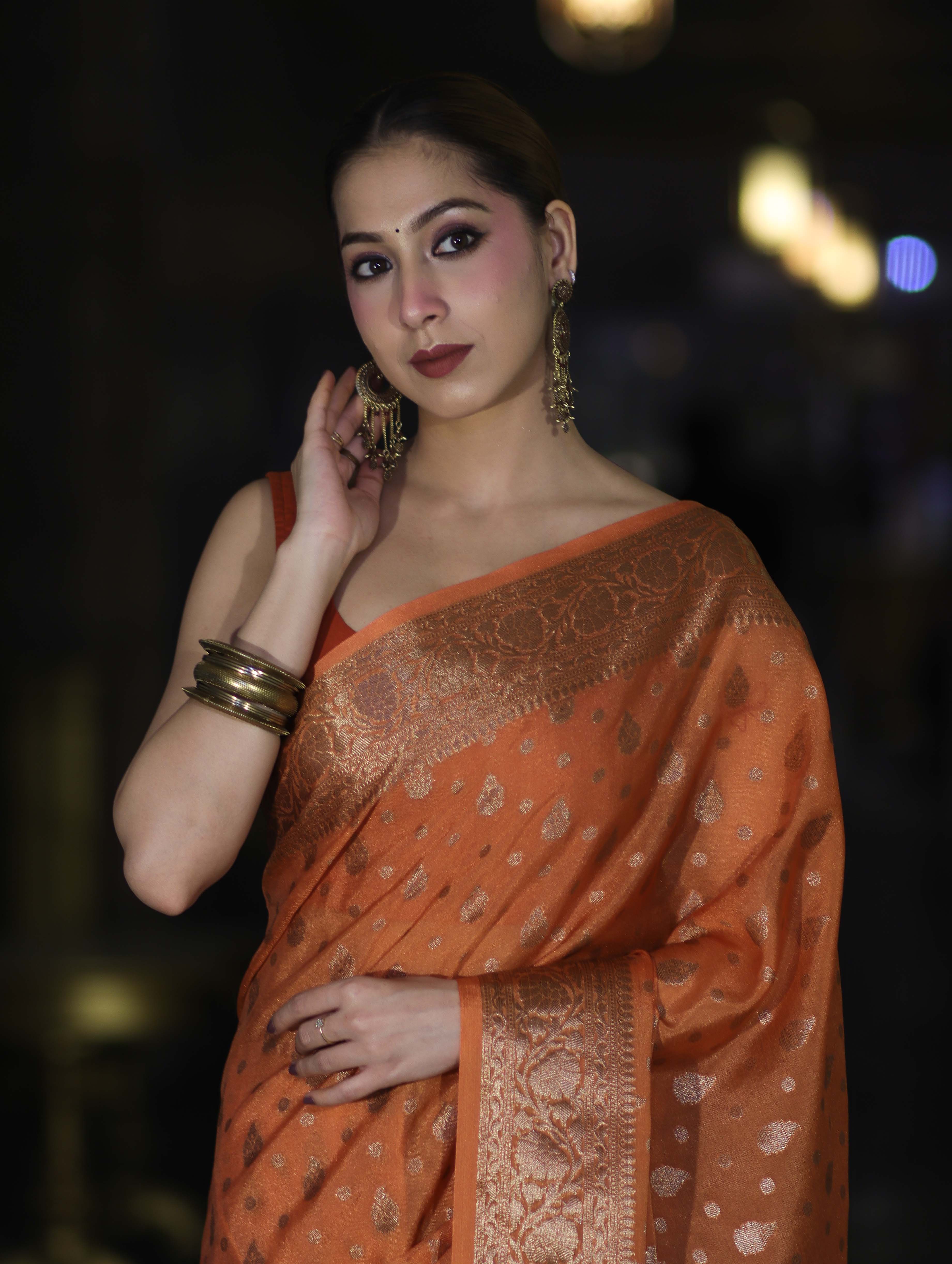 Banarasee Handloom Semi Silk Saree With Antique Zari Buti Design & Floral Border-Rust