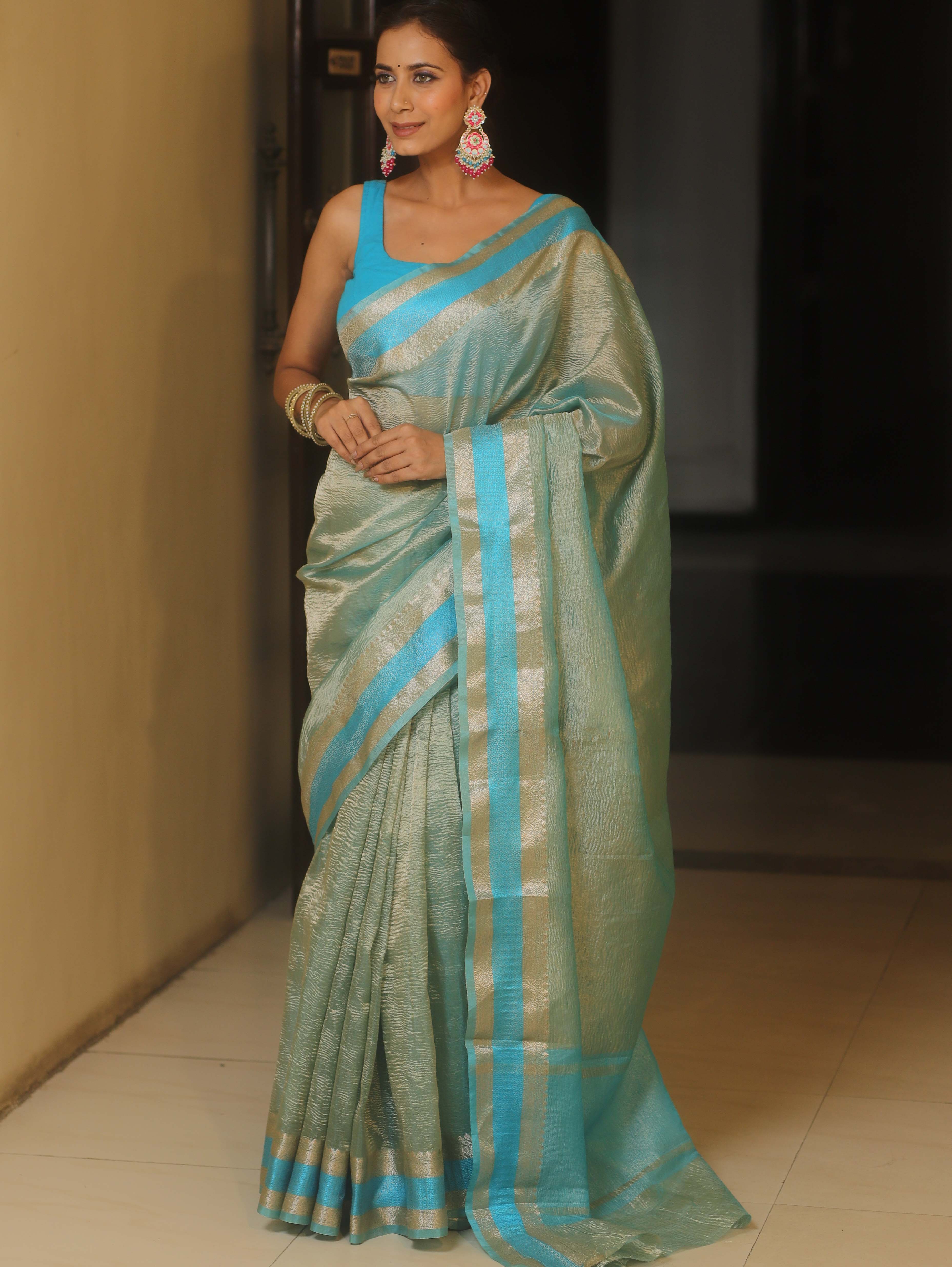 Banarasee Handwoven Plain Crushed Tissue Saree With Zari Border-Blue