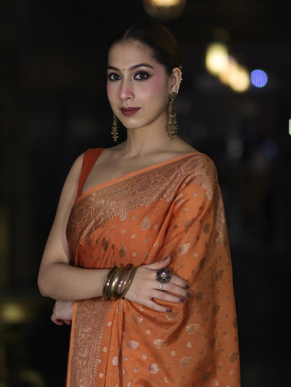 Banarasee Handloom Semi Silk Saree With Antique Zari Buti Design & Floral Border-Rust