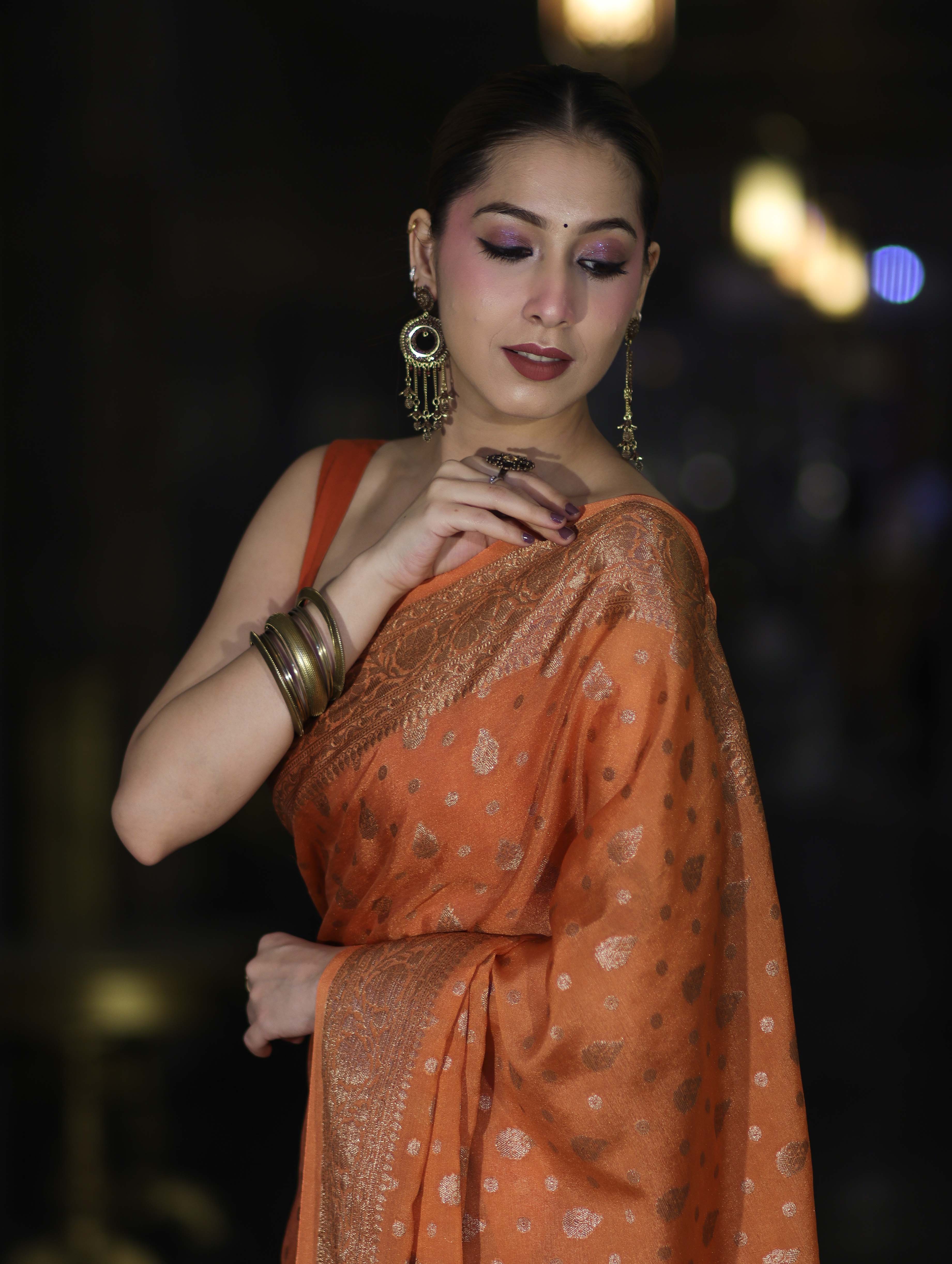 Banarasee Handloom Semi Silk Saree With Antique Zari Buti Design & Floral Border-Rust