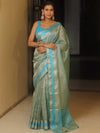 Banarasee Handwoven Plain Crushed Tissue Saree With Zari Border-Blue
