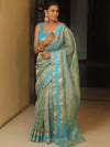 Banarasee Handwoven Plain Crushed Tissue Saree With Zari Border-Blue