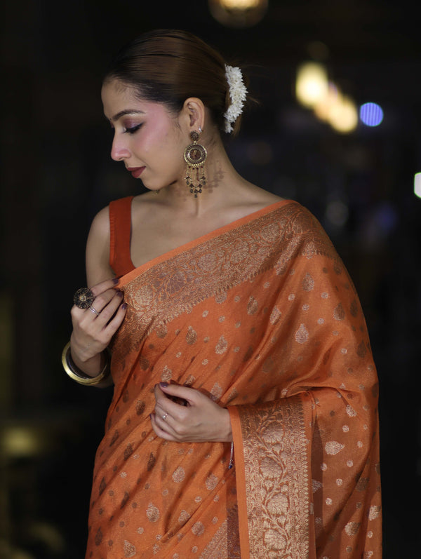 Banarasee Handloom Semi Silk Saree With Antique Zari Buti Design & Floral Border-Rust