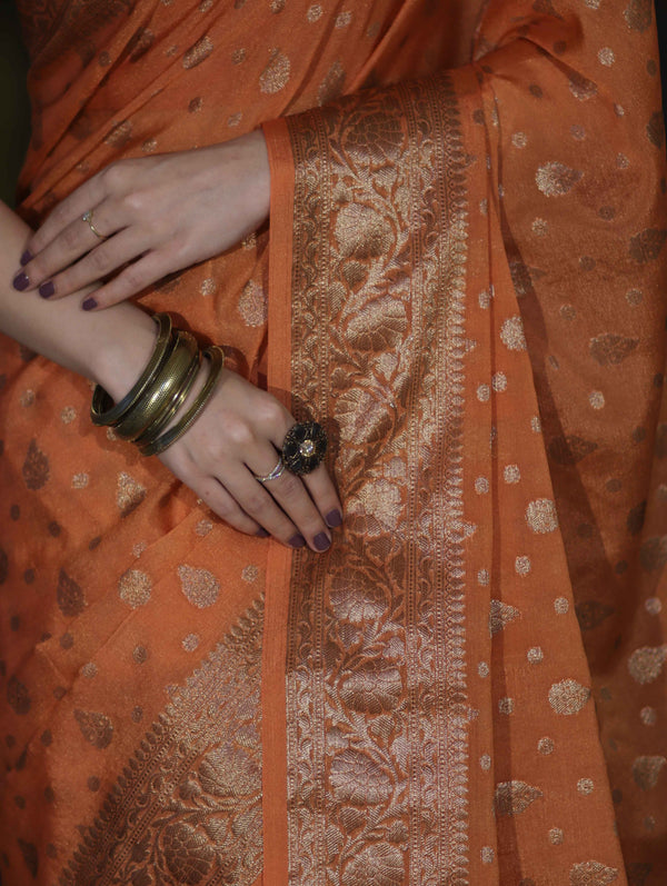 Banarasee Handloom Semi Silk Saree With Antique Zari Buti Design & Floral Border-Rust