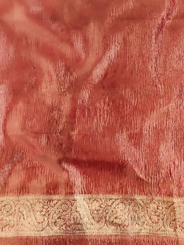 Banarasee Handwoven Crushed Tissue Saree Zari Border With Lace-Red