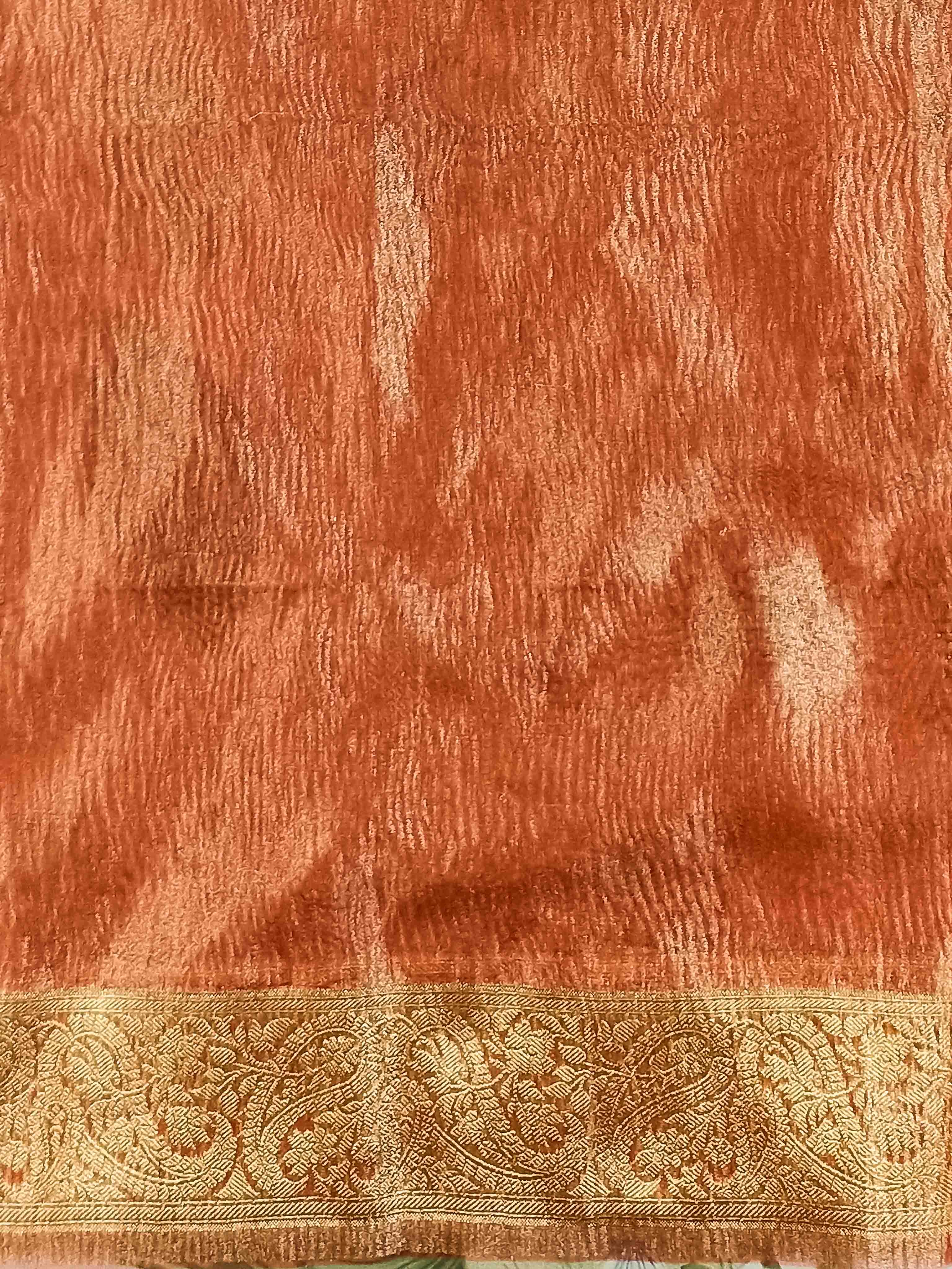 Banarasee Handwoven Crushed Tissue Saree Zari Border With Lace-Orange