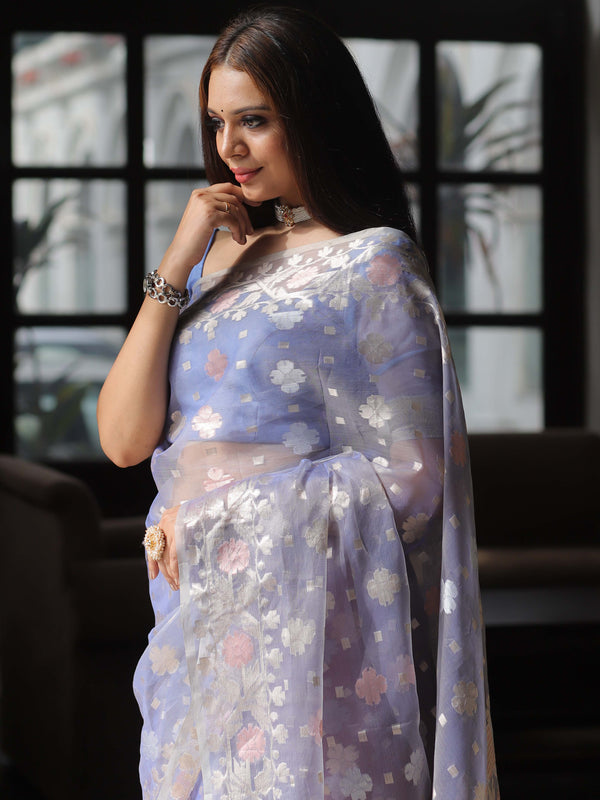 Banarasee Kora Muslin Saree With Zari Jamdani Weaving-Lilac
