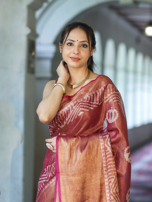 Bhagalpur Handloom Linen Tissue Batik Pattern Saree-Mauve (Gold Tone)