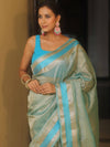 Banarasee Handwoven Plain Crushed Tissue Saree With Zari Border-Blue