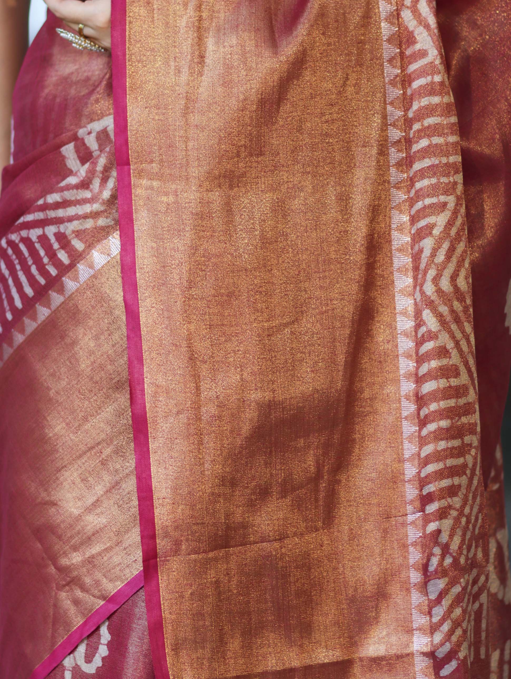 Bhagalpur Handloom Linen Tissue Batik Pattern Saree-Mauve (Gold Tone)