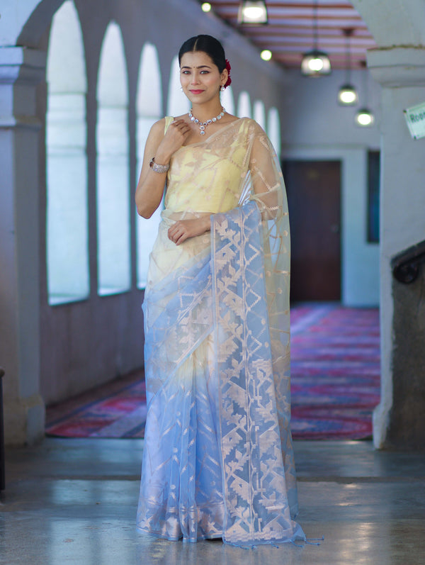 Banarasee Dual Color Organza Saree With Zari Jaal Design-Light Yellow & Light Blue