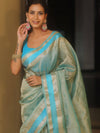 Banarasee Handwoven Plain Crushed Tissue Saree With Zari Border-Blue