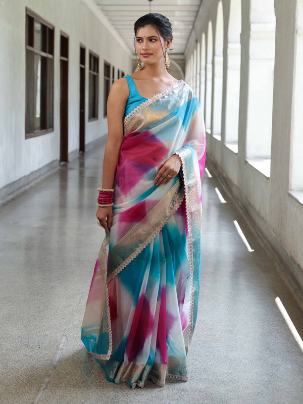 Banarasee Organza Saree With Zari Design Border & Lace-Multicolor