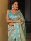 Banarasee Handwoven Plain Crushed Tissue Saree With Zari Border-Blue