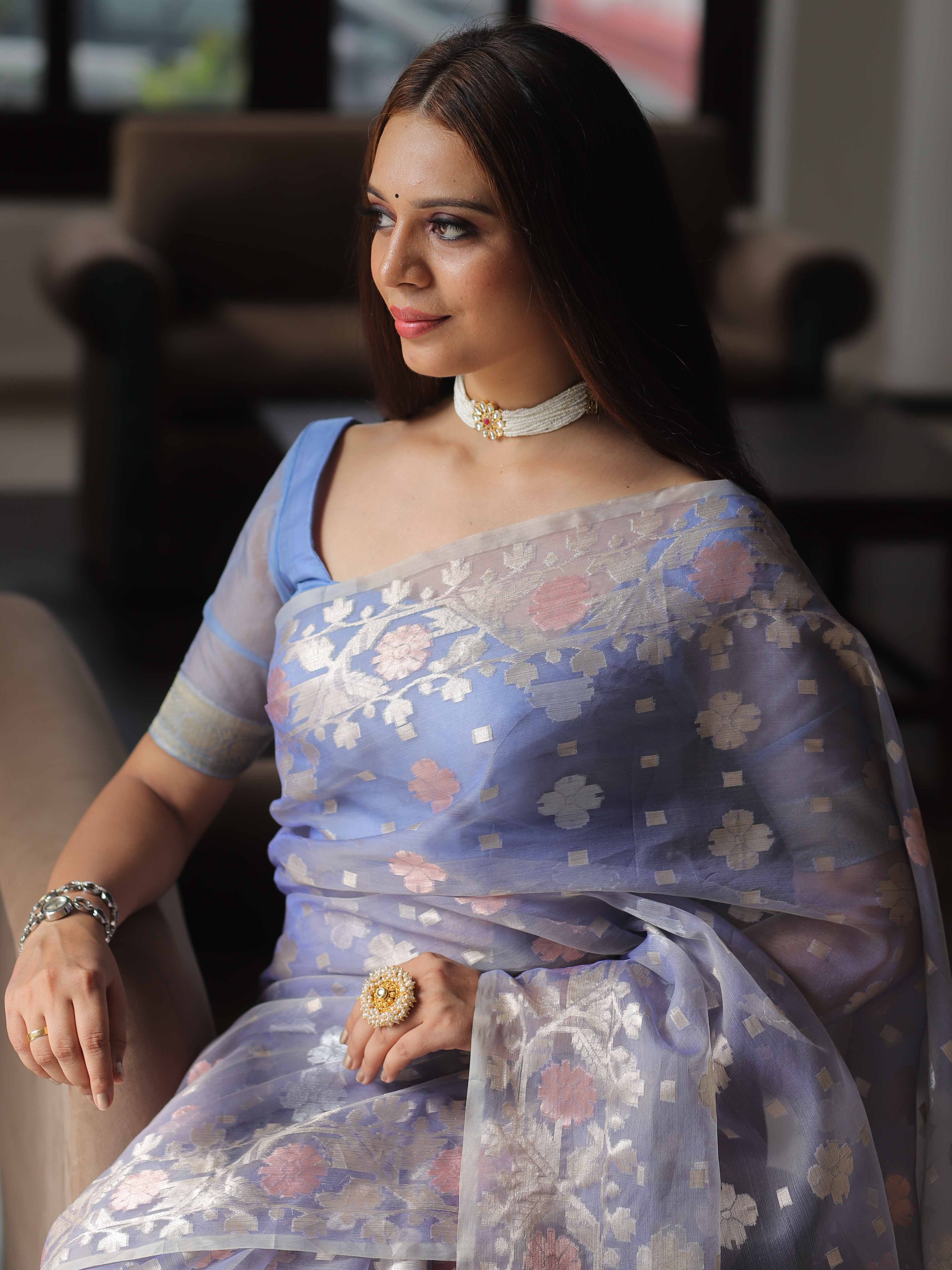 Banarasee Kora Muslin Saree With Zari Jamdani Weaving-Lilac