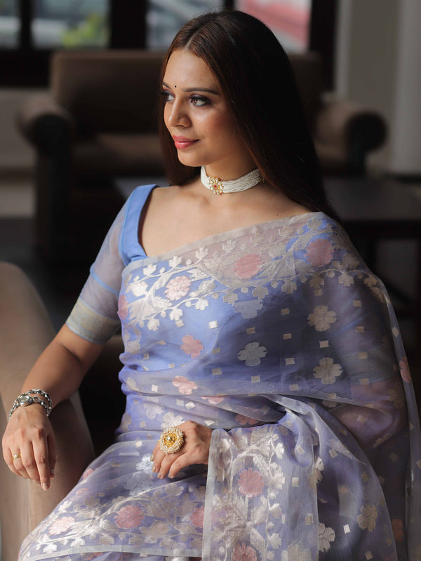 Banarasee Kora Muslin Saree With Zari Jamdani Weaving-Lilac