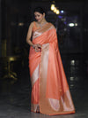Banarasee Handwoven Plain Semi Katan Saree With Broad Zari Border-Peach