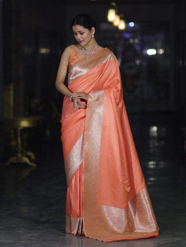 Banarasee Handwoven Plain Semi Katan Saree With Broad Zari Border-Peach