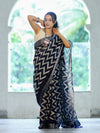 Bhagalpur Handloom Pure Linen Cotton Zig-Zag Pattern Saree-Blue