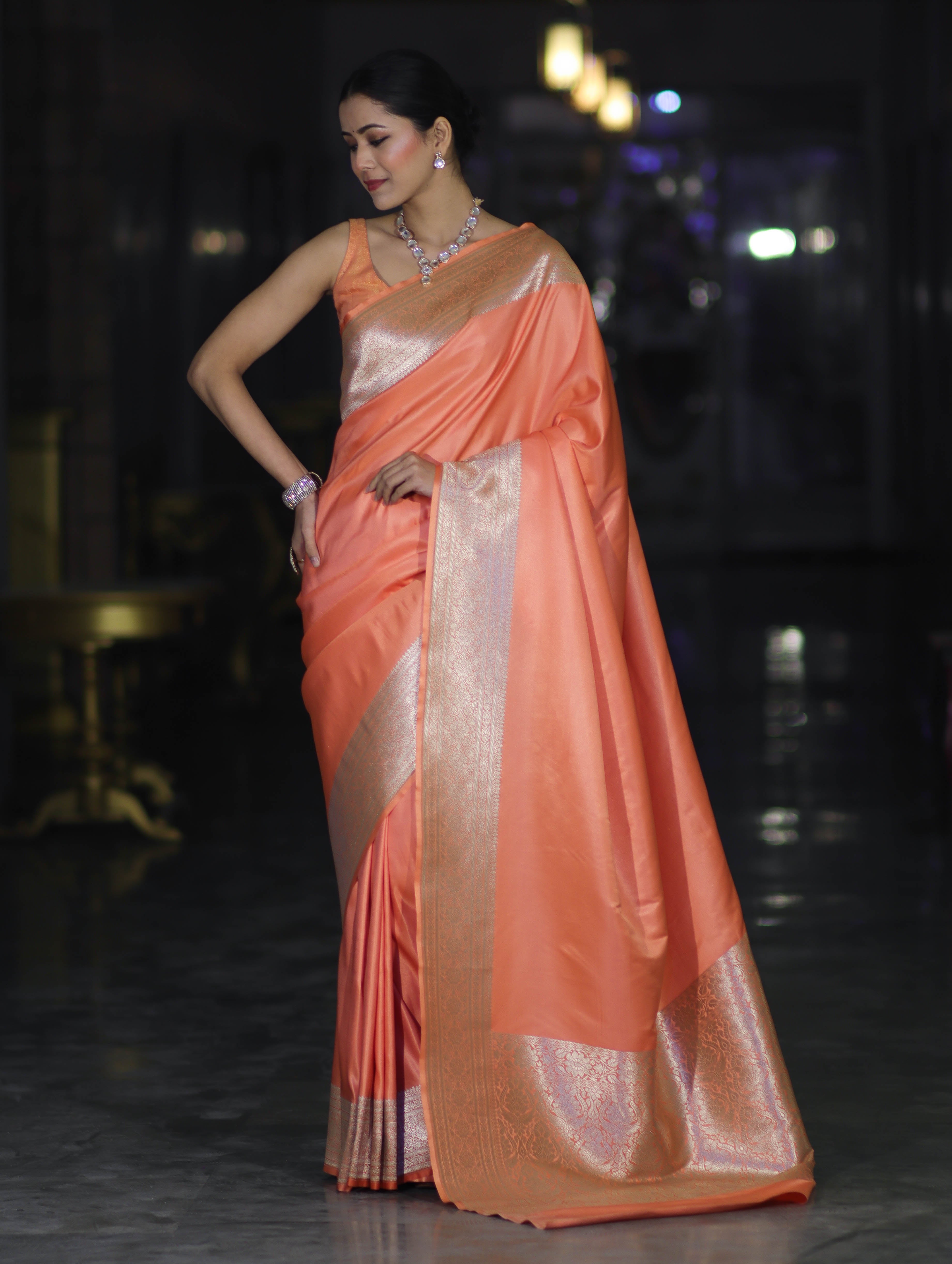 Banarasee Handwoven Plain Semi Katan Saree With Broad Zari Border-Peach