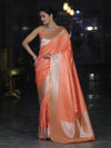 Banarasee Handwoven Plain Semi Katan Saree With Broad Zari Border-Peach