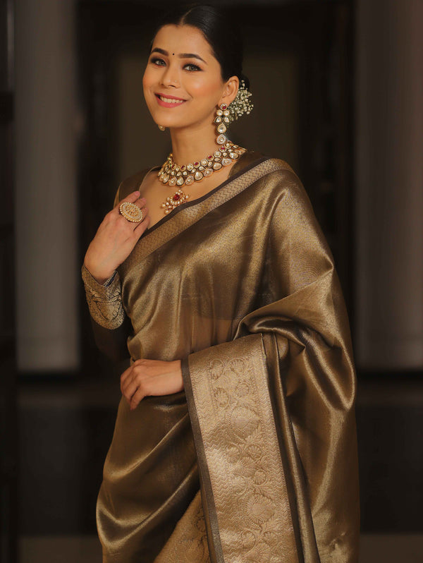 Banarasee Handwoven Plain Tissue Zari Border Saree-Black
