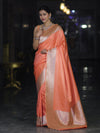 Banarasee Handwoven Plain Semi Katan Saree With Broad Zari Border-Peach