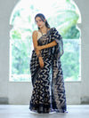 Bhagalpur Handloom Pure Linen Cotton Zig-Zag Pattern Saree-Blue