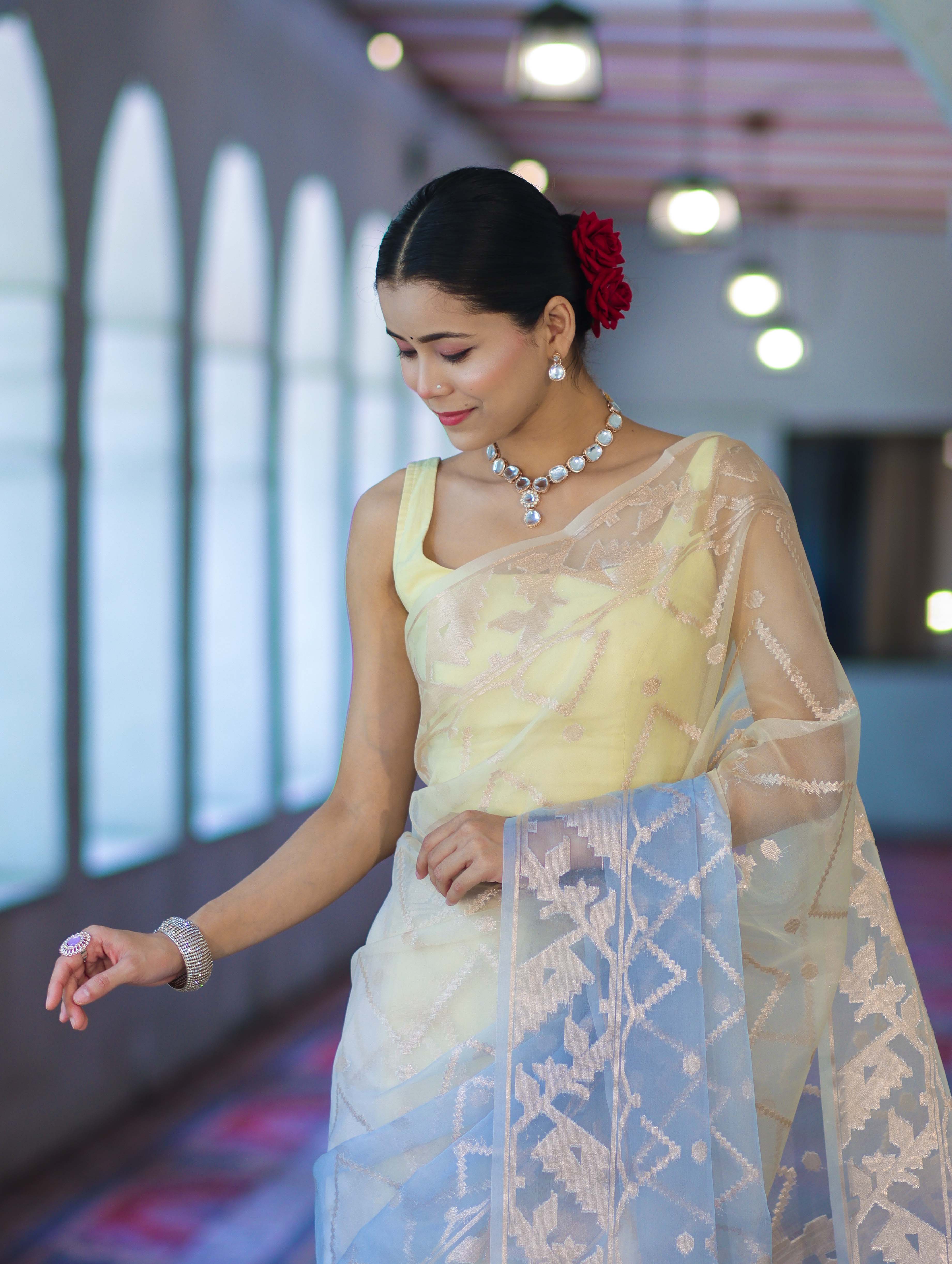 Banarasee Dual Color Organza Saree With Zari Jaal Design-Light Yellow & Light Blue