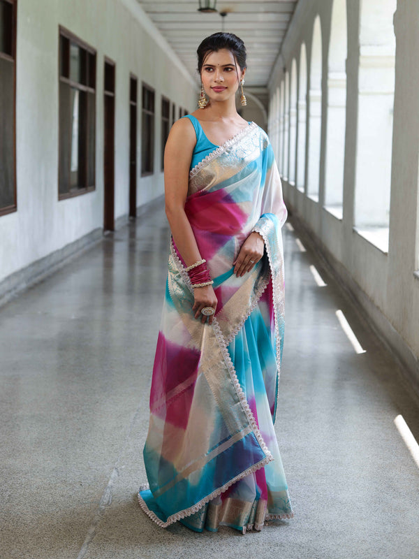 Banarasee Organza Saree With Zari Design Border & Lace-Multicolor