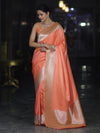 Banarasee Handwoven Plain Semi Katan Saree With Broad Zari Border-Peach
