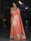 Banarasee Handwoven Plain Semi Katan Saree With Broad Zari Border-Peach