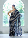 Bhagalpur Handloom Pure Linen Cotton Zig-Zag Pattern Saree-Blue