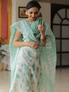 Banarasee Chanderi Cotton Zari Buti Salwar Kameez With Dupatta-White & Green