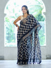 Bhagalpur Handloom Pure Linen Cotton Zig-Zag Pattern Saree-Blue