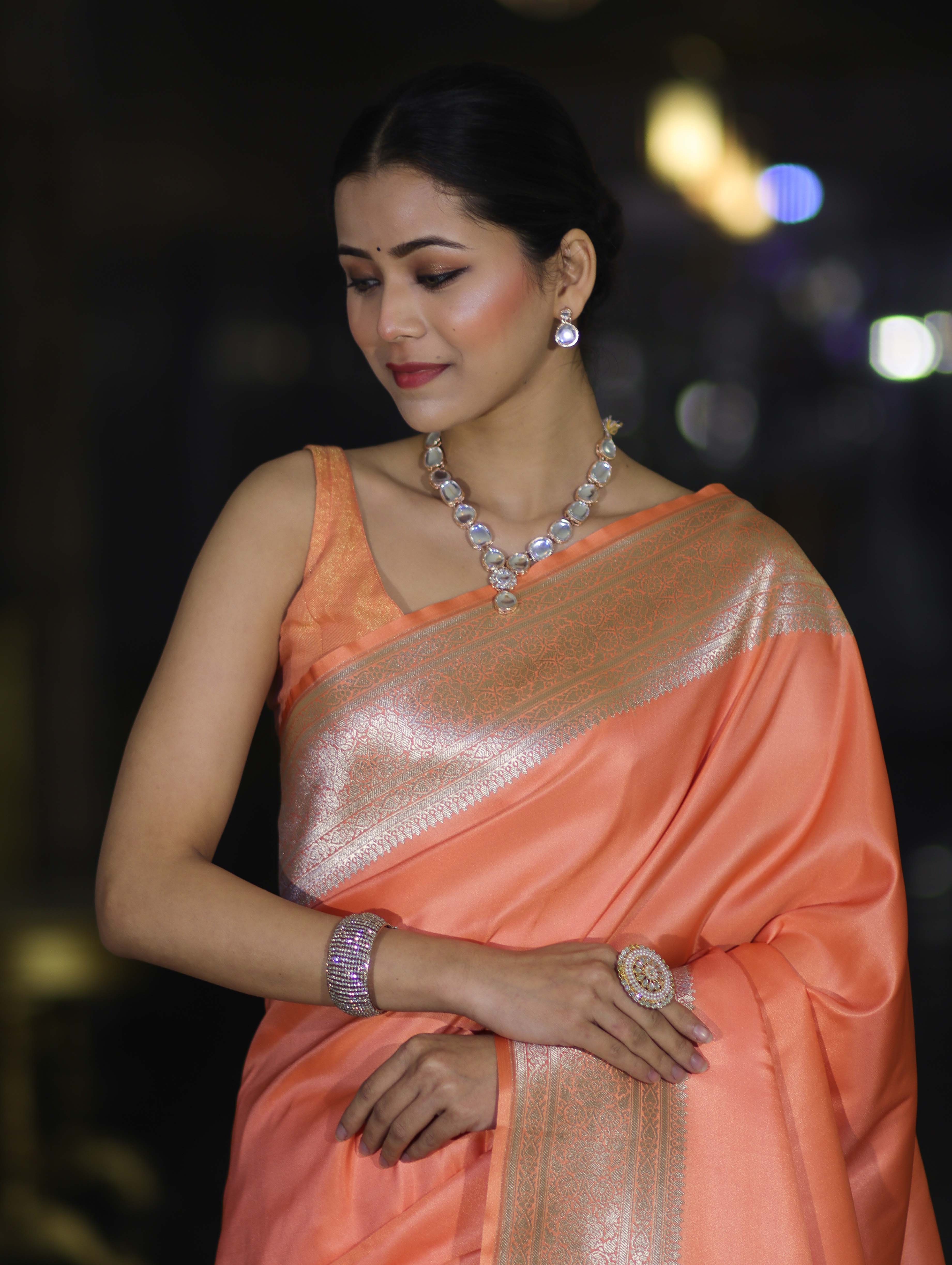 Banarasee Handwoven Plain Semi Katan Saree With Broad Zari Border-Peach