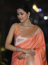 Banarasee Handwoven Plain Semi Katan Saree With Broad Zari Border-Peach