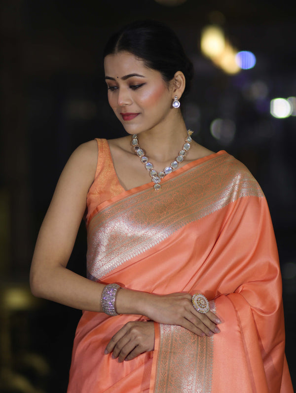 Banarasee Handwoven Plain Semi Katan Saree With Broad Zari Border-Peach